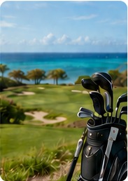 Golf bag near a coastal golf course