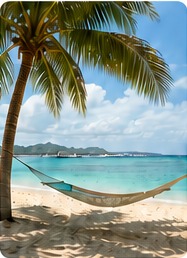 Palm trees and hammock by a bright tropical beach